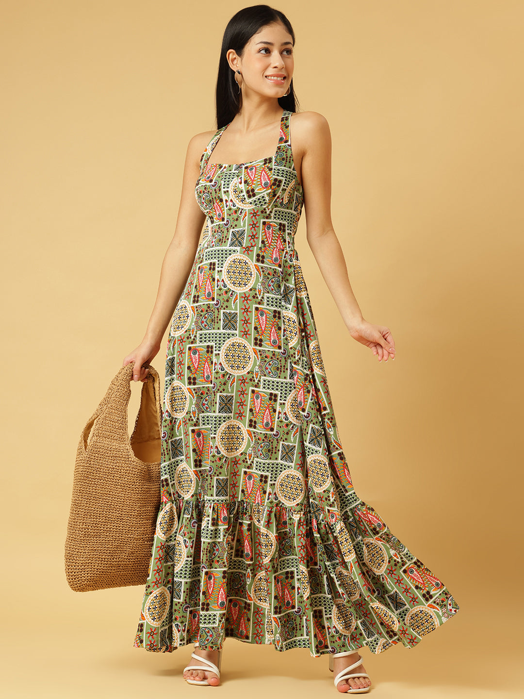 Trymisfit Green & Multicolor Printed Halter Neck Tiered Maxi Dress – Ethnic Geometric Print, Boho Summer Style