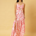 Trymisfit White & Pink Floral Cut-Out Maxi Dress – Halter Neck, Thigh-High Slit, Tiered Skirt