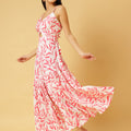 Trymisfit White & Pink Floral Cut-Out Maxi Dress – Halter Neck, Thigh-High Slit, Tiered Skirt