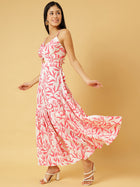 Trymisfit White & Pink Floral Cut-Out Maxi Dress – Halter Neck, Thigh-High Slit, Tiered Skirt