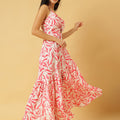 Trymisfit White & Pink Floral Cut-Out Maxi Dress – Halter Neck, Thigh-High Slit, Tiered Skirt