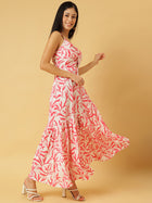 Trymisfit White & Pink Floral Cut-Out Maxi Dress – Halter Neck, Thigh-High Slit, Tiered Skirt