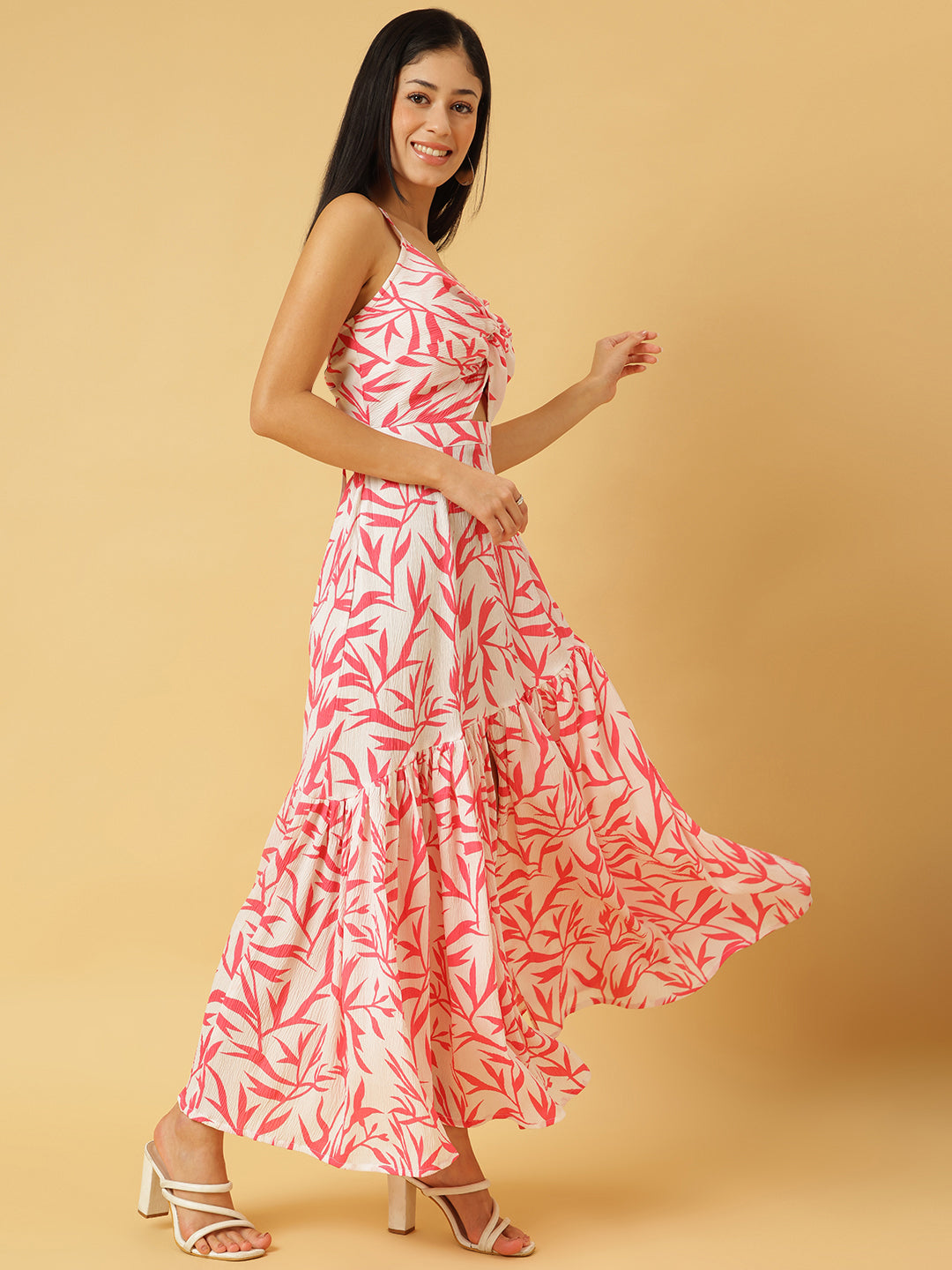Trymisfit White & Pink Floral Cut-Out Maxi Dress – Halter Neck, Thigh-High Slit, Tiered Skirt