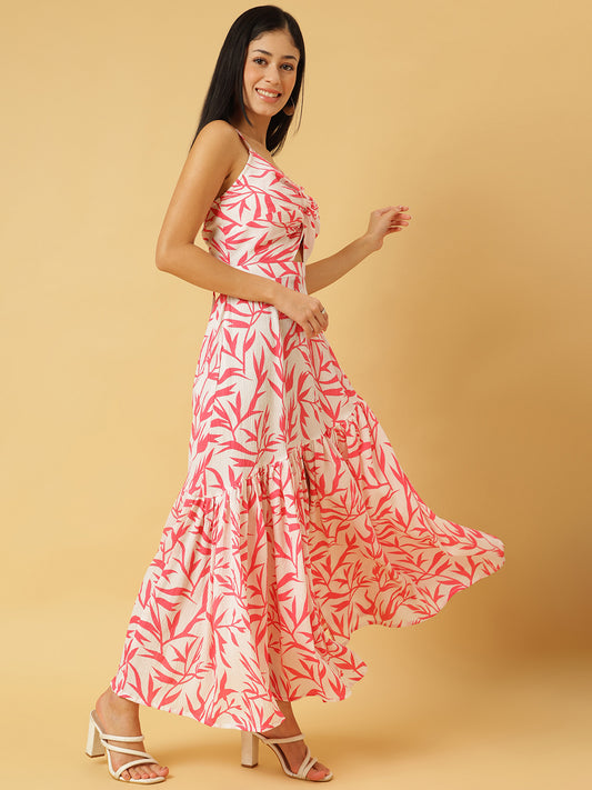 Trymisfit White & Pink Floral Cut-Out Maxi Dress – Halter Neck, Thigh-High Slit, Tiered Skirt