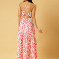 Trymisfit White & Pink Floral Cut-Out Maxi Dress – Halter Neck, Thigh-High Slit, Tiered Skirt