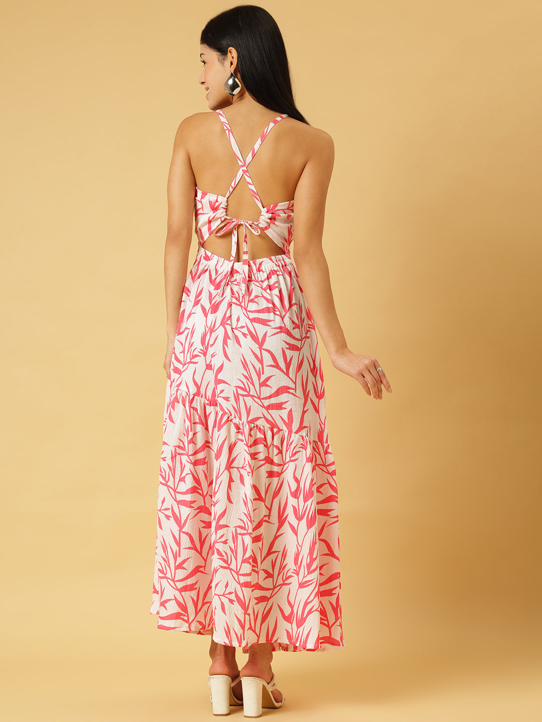 Trymisfit White & Pink Floral Cut-Out Maxi Dress – Halter Neck, Thigh-High Slit, Tiered Skirt