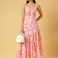 Trymisfit White & Pink Floral Cut-Out Maxi Dress – Halter Neck, Thigh-High Slit, Tiered Skirt