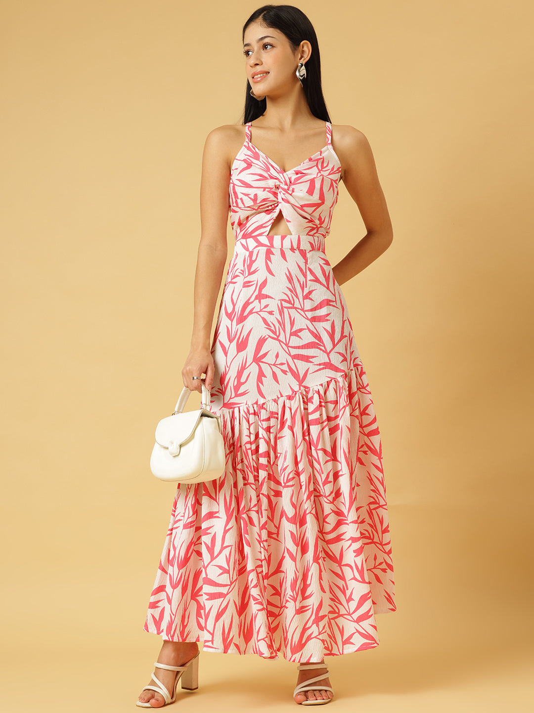 Trymisfit White & Pink Floral Cut-Out Maxi Dress – Halter Neck, Thigh-High Slit, Tiered Skirt