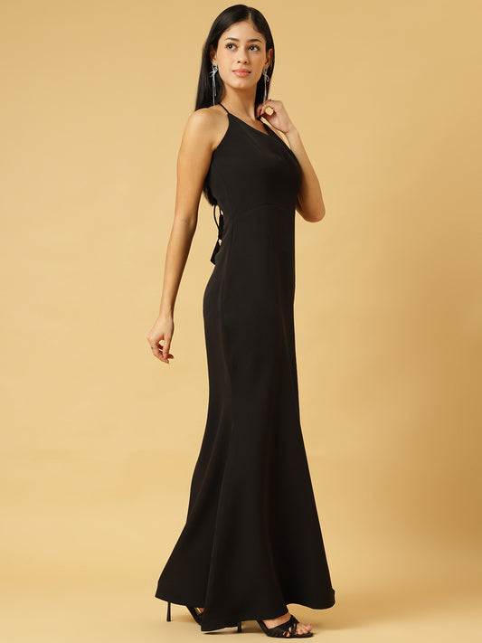 Trymisfit Black Halter Neck Bodycon Maxi Dress for Women – Thigh-High Slit | Elegant Evening & Party Wear