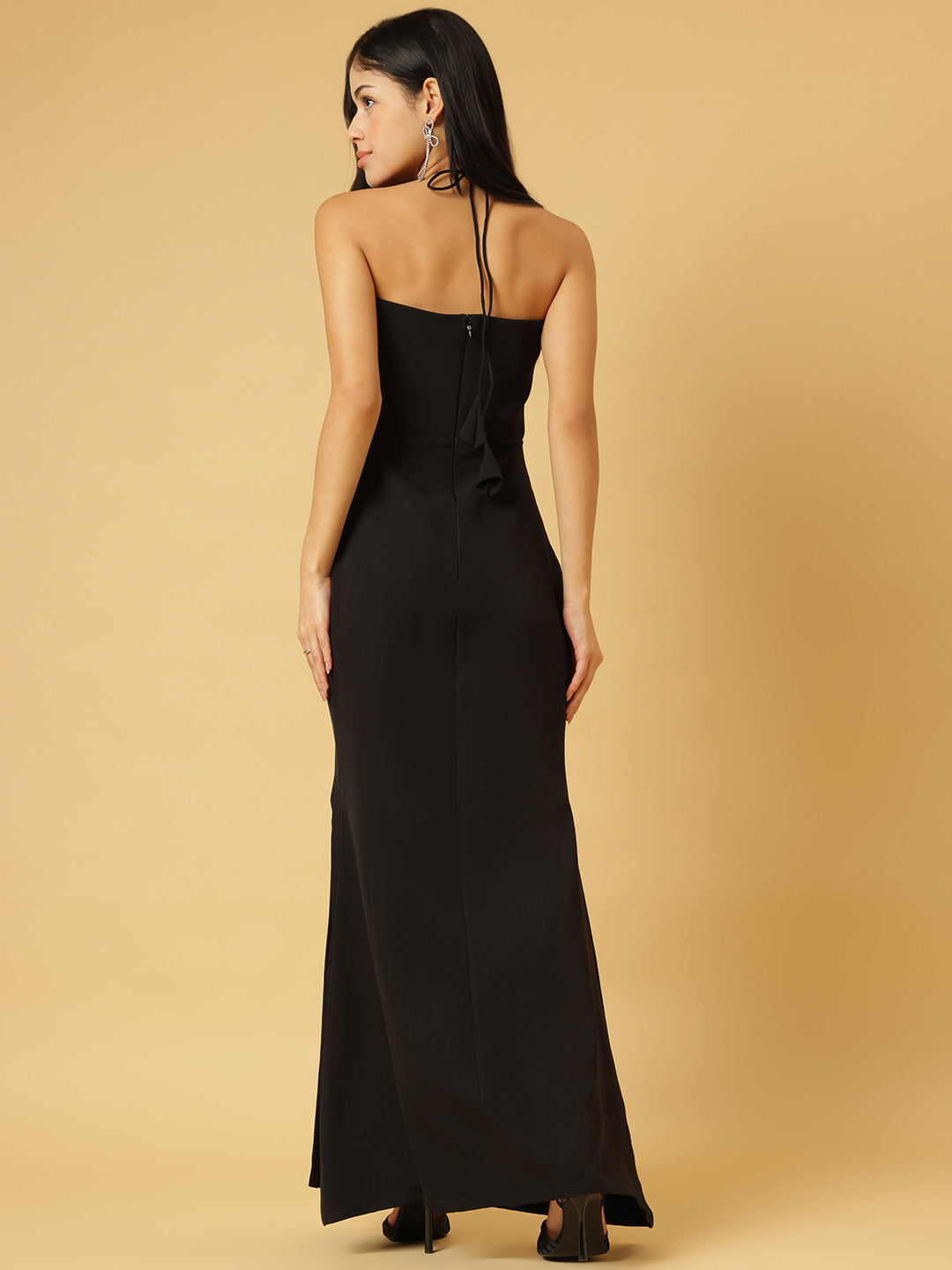 Trymisfit Black Halter Neck Bodycon Maxi Dress for Women – Thigh-High Slit | Elegant Evening & Party Wear