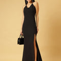 Trymisfit Black Halter Neck Bodycon Maxi Dress for Women – Thigh-High Slit | Elegant Evening & Party Wear