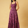 Trymisfit Pink & Purple Abstract Print A-Line Maxi Dress – Square Neck, Wide Straps, Ruffle Hem