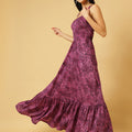 Trymisfit Pink & Purple Abstract Print A-Line Maxi Dress – Square Neck, Wide Straps, Ruffle Hem