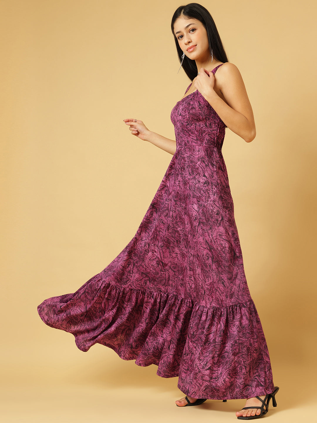 Trymisfit Pink & Purple Abstract Print A-Line Maxi Dress – Square Neck, Wide Straps, Ruffle Hem