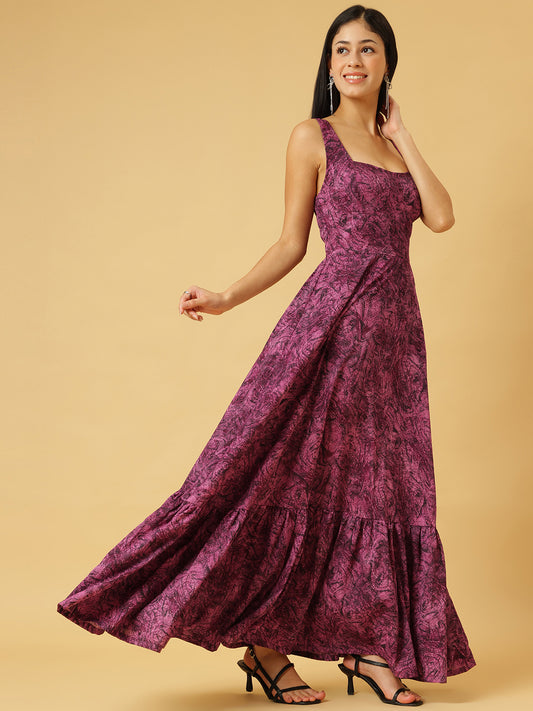 Trymisfit Pink & Purple Abstract Print A-Line Maxi Dress – Square Neck, Wide Straps, Ruffle Hem