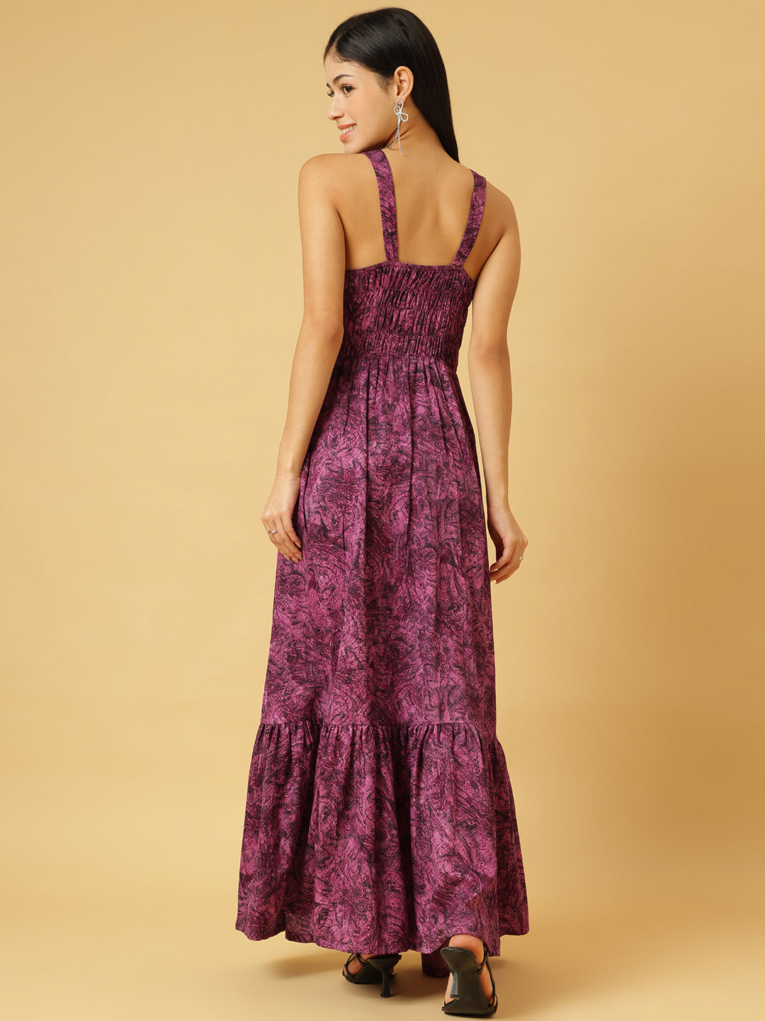 Trymisfit Pink & Purple Abstract Print A-Line Maxi Dress – Square Neck, Wide Straps, Ruffle Hem