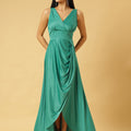 Trymisfit Sea Green Solid V-Neck Ruched Maxi Dress – Satin High-Low Gown with Asymmetric Drape