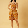 Trymisfit Mustard Floral Front-Tie Playsuit Dress – Ruched Bust, Smocked Back, Summer Romper Style