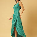 Trymisfit Sea Green Solid V-Neck Ruched Maxi Dress – Satin High-Low Gown with Asymmetric Drape
