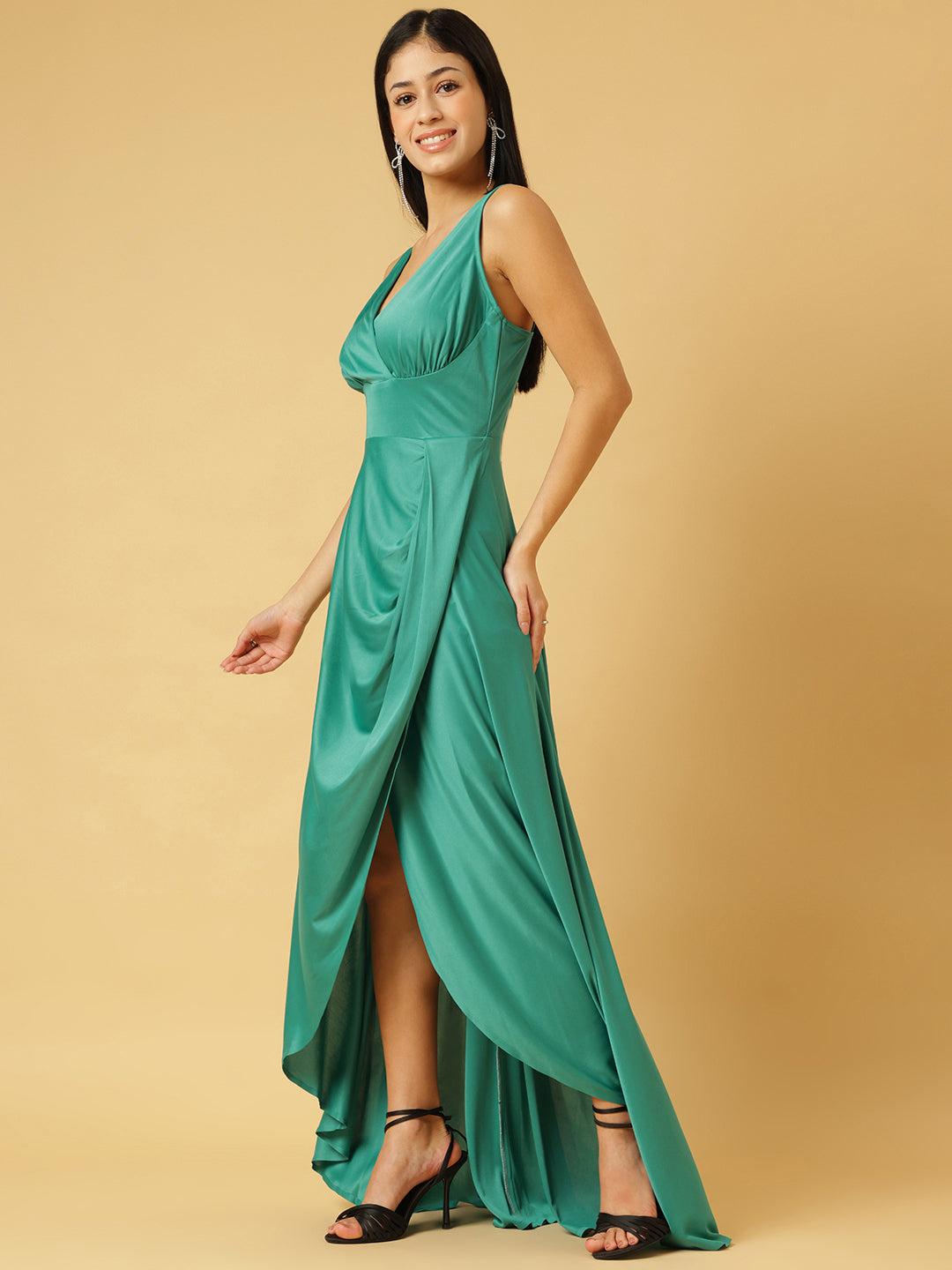 Trymisfit Sea Green Solid V-Neck Ruched Maxi Dress – Satin High-Low Gown with Asymmetric Drape