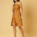 Trymisfit Mustard Floral Front-Tie Playsuit Dress – Ruched Bust, Smocked Back, Summer Romper Style