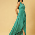 Trymisfit Sea Green Solid V-Neck Ruched Maxi Dress – Satin High-Low Gown with Asymmetric Drape
