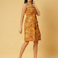Trymisfit Mustard Floral Front-Tie Playsuit Dress – Ruched Bust, Smocked Back, Summer Romper Style