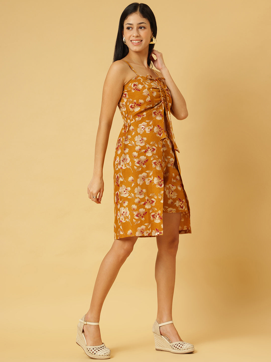 Trymisfit Mustard Floral Front-Tie Playsuit Dress – Ruched Bust, Smocked Back, Summer Romper Style