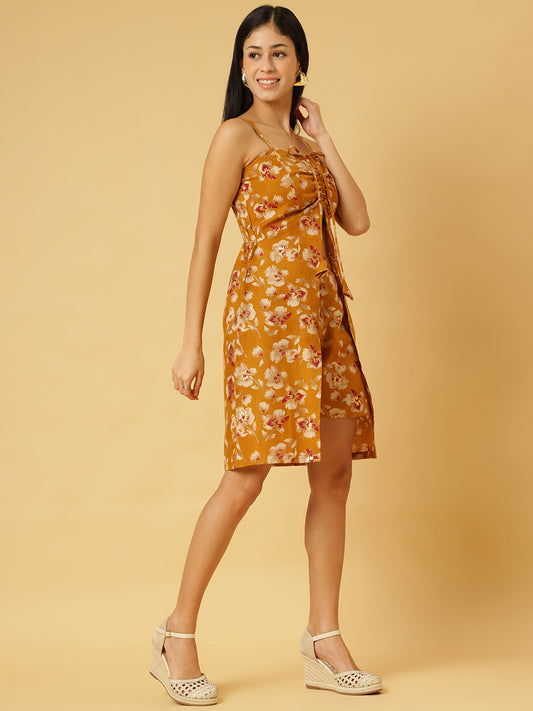 Trymisfit Mustard Floral Front-Tie Playsuit Dress – Ruched Bust, Smocked Back, Summer Romper Style