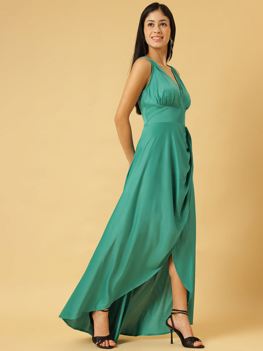 Trymisfit Sea Green Solid V-Neck Ruched Maxi Dress – Satin High-Low Gown with Asymmetric Drape