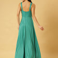 Trymisfit Sea Green Solid V-Neck Ruched Maxi Dress – Satin High-Low Gown with Asymmetric Drape