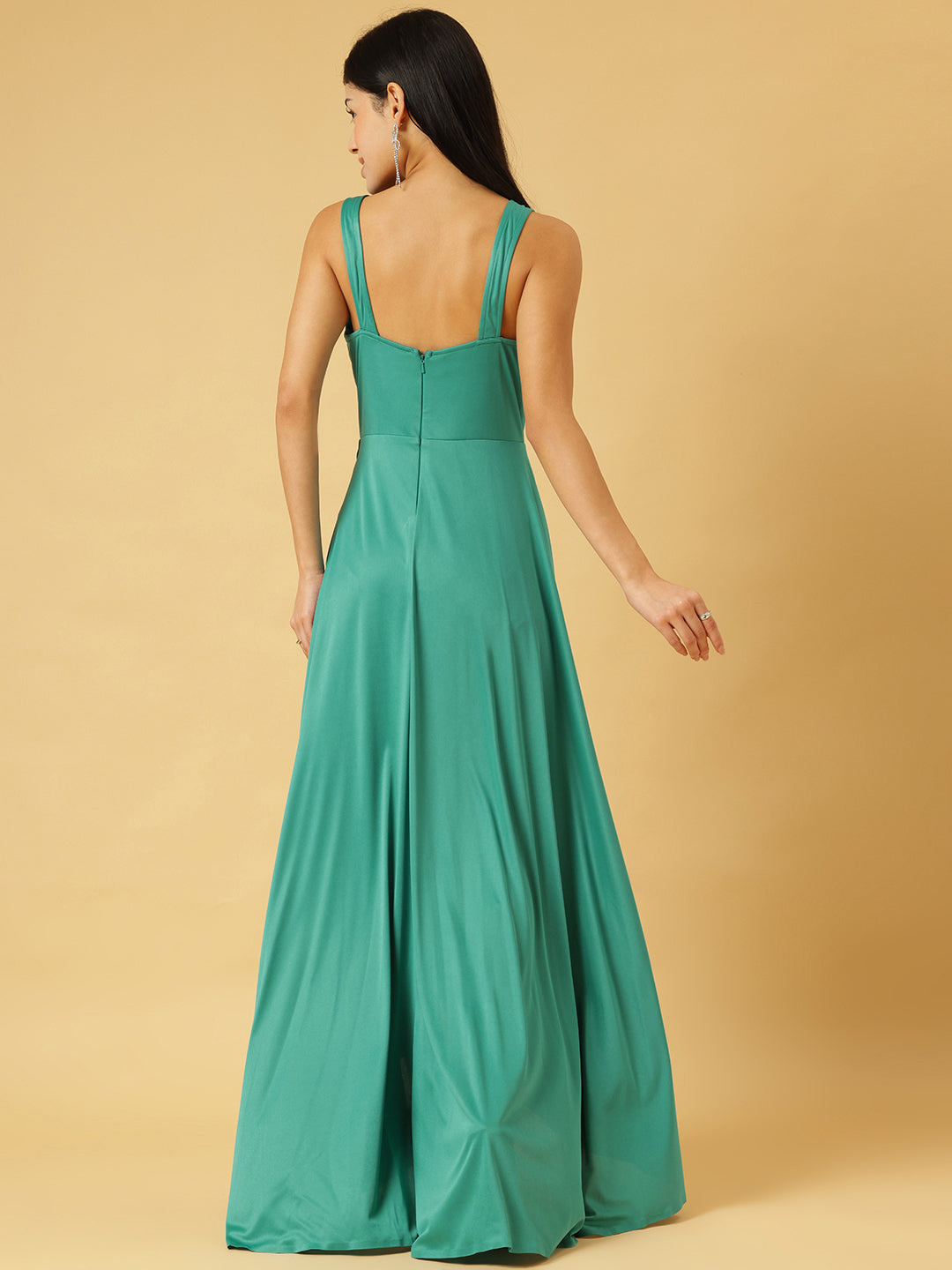 Trymisfit Sea Green Solid V-Neck Ruched Maxi Dress – Satin High-Low Gown with Asymmetric Drape