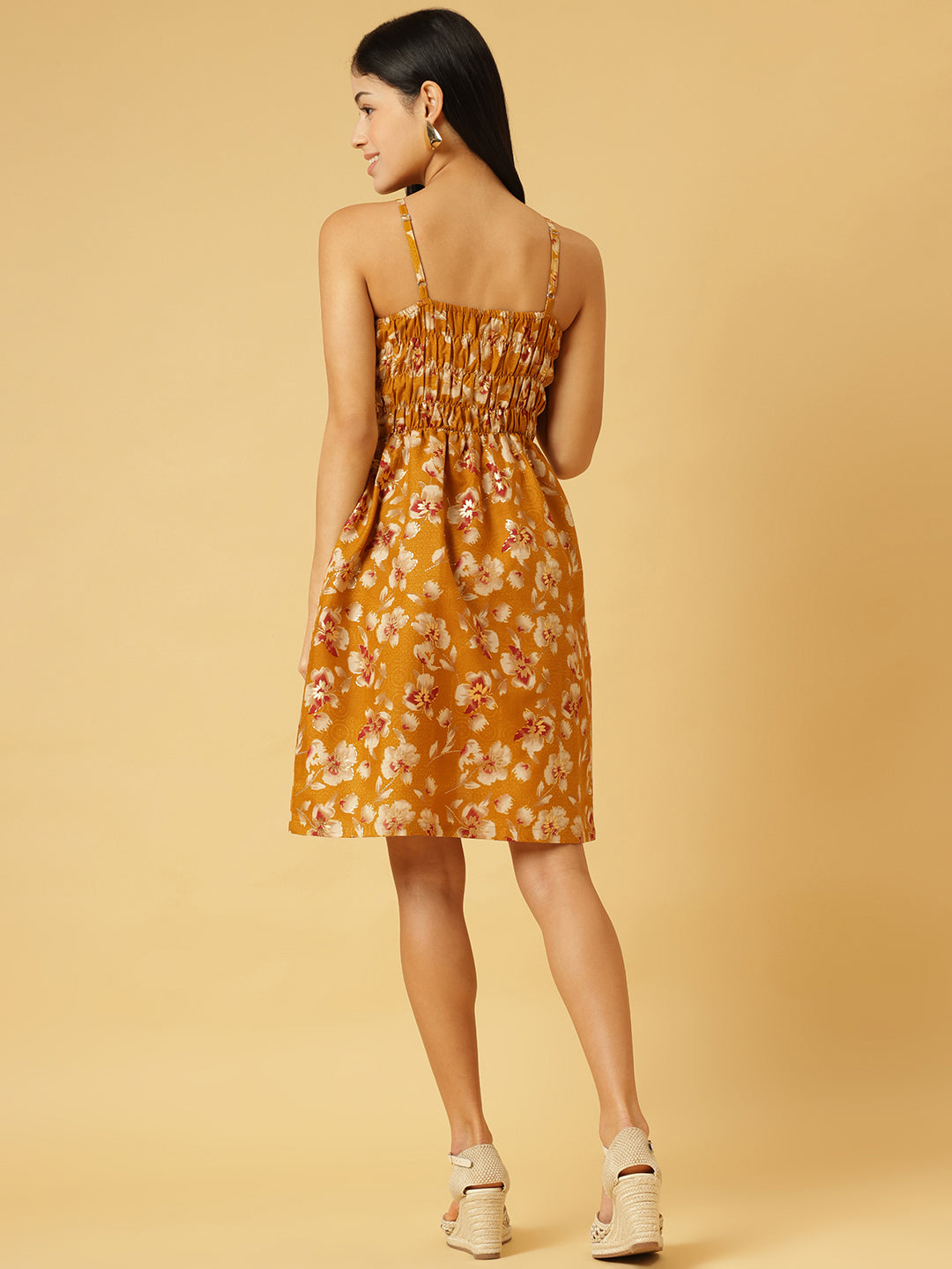 Trymisfit Mustard Floral Front-Tie Playsuit Dress – Ruched Bust, Smocked Back, Summer Romper Style