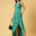 Trymisfit Sea Green Solid V-Neck Ruched Maxi Dress – Satin High-Low Gown with Asymmetric Drape