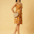 Trymisfit Mustard Floral Front-Tie Playsuit Dress – Ruched Bust, Smocked Back, Summer Romper Style
