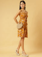 Trymisfit Mustard Floral Front-Tie Playsuit Dress – Ruched Bust, Smocked Back, Summer Romper Style