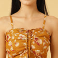 Trymisfit Mustard Floral Front-Tie Playsuit Dress – Ruched Bust, Smocked Back, Summer Romper Style